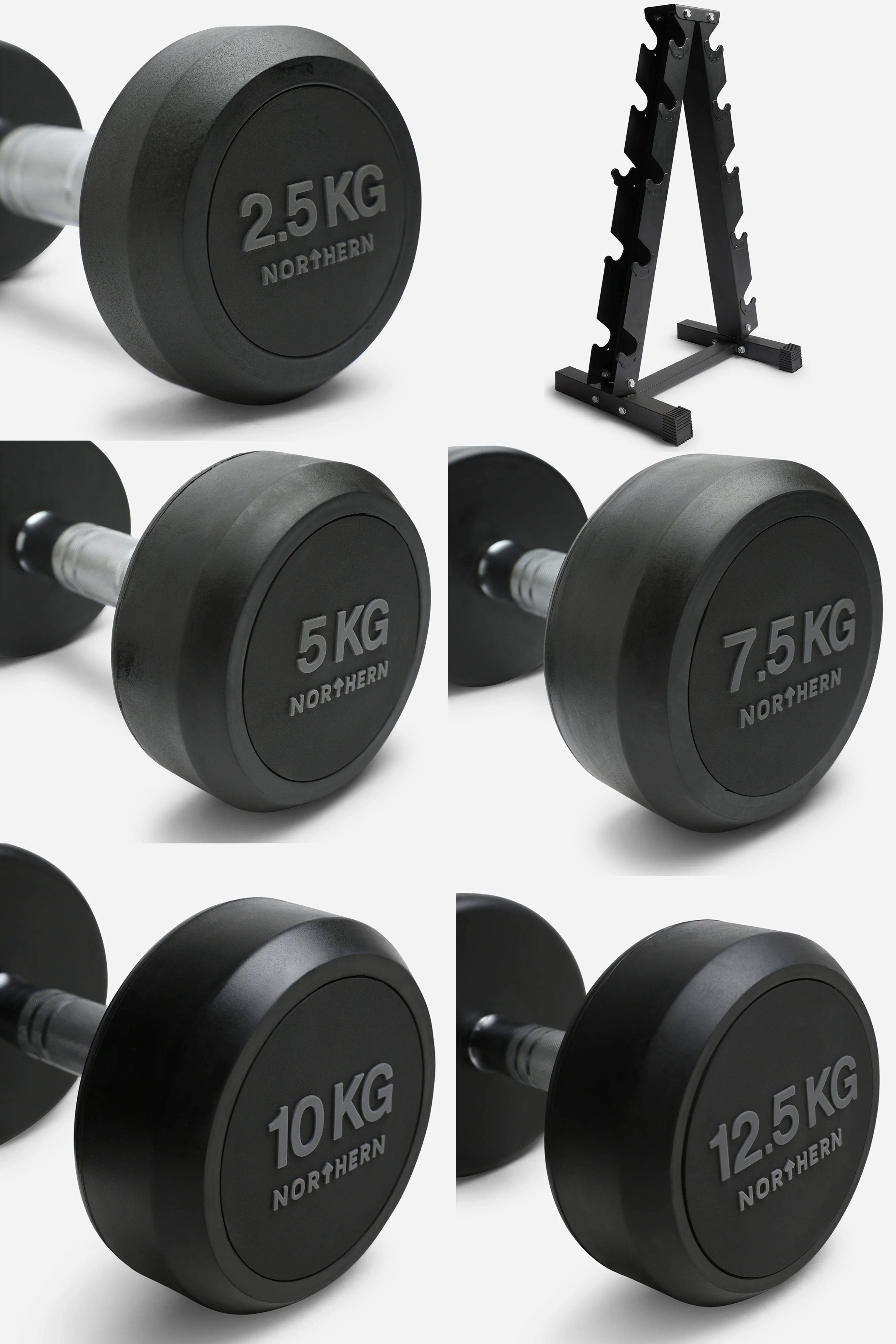 2.5/ 5/ 7.5/ 10/ 12.5kg Round Dumbbell Set + Large 5 Tier A-Frame Storage Holder Rack